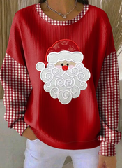 Women Santa Claus Print Knitted Crew Neck Long Sleeve Sweatshirt