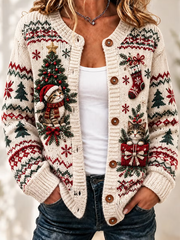 Women Christmas Animal Vintage Art Print Casual Knitted Cardigan