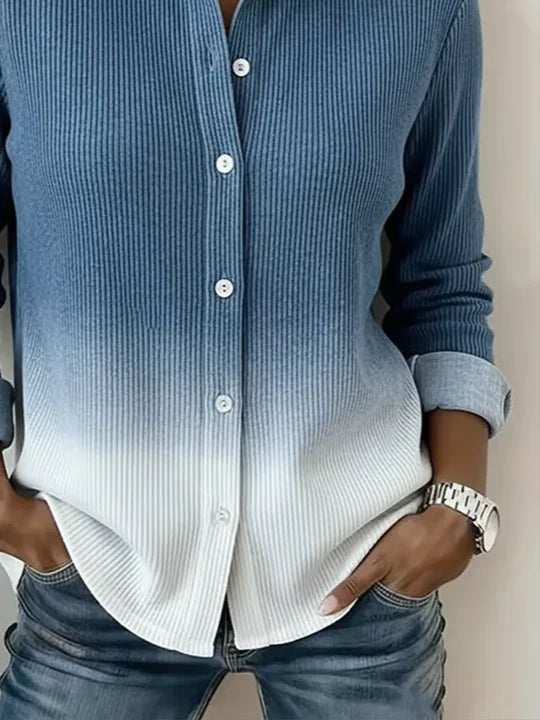 Women Ombre Casual Shirt Shirt Collar Long Sleeve Buckle Top