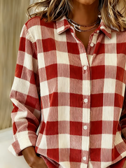 Women Plaid Casual Shirt Shirt Collar Long Sleeve Buckle Top