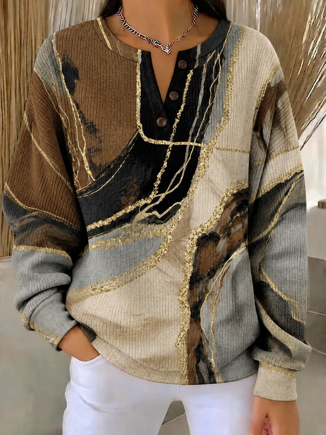Casual Abstract Henley Collar Long Sleeve Sweatshirt