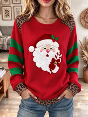 Women Christmas Patchwork Crew Neck Long Sleeve Sweatshirt