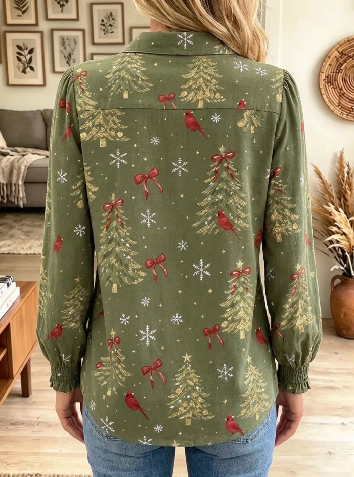 Women's Christmas Cardinal Tree Print Ruffle Shirt
