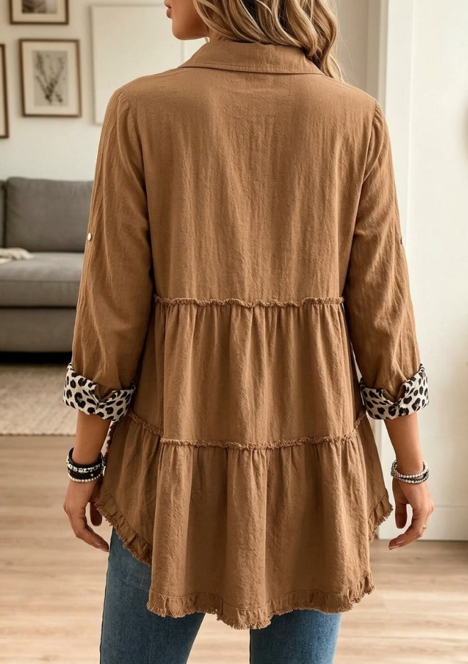 Women Casual Brown Frayed Hem Leopard Cuff Collar Tunic Shirt