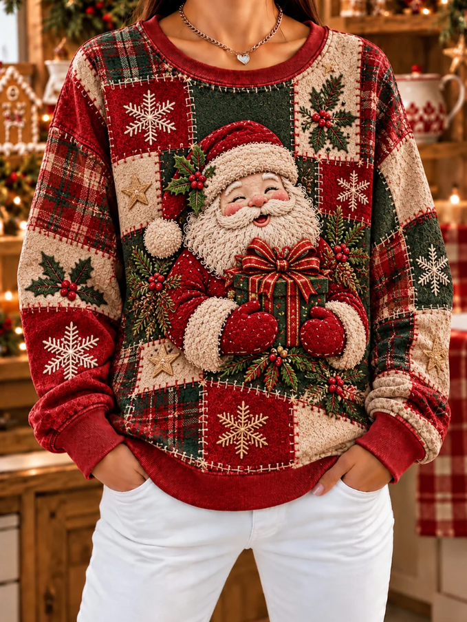 Women Patchwork Christmas Santa Claus And Gifts Print Sweatshirt