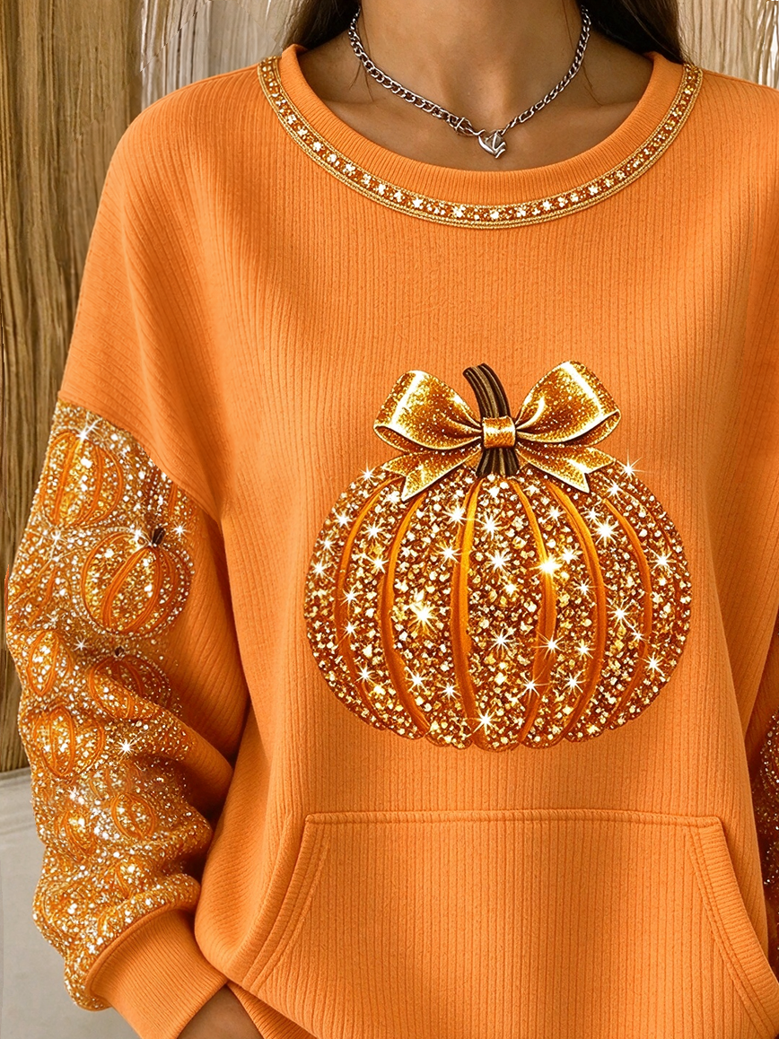 Casual Pumpkin Pattern Crew Neck Long Sleeve Sweatshirt