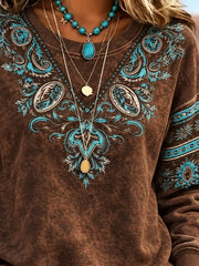 Vintage Floral Western Style Crew Neck Long Sleeve Sweatshirt