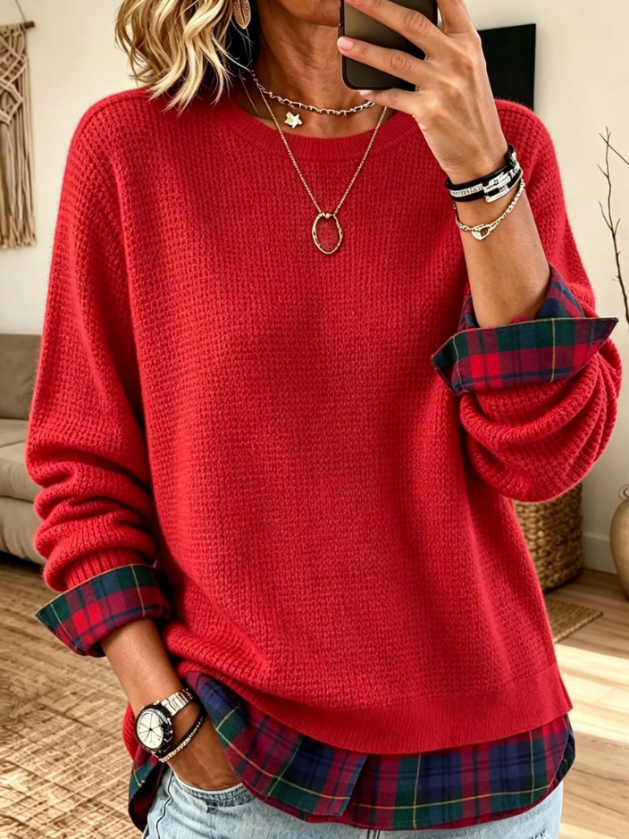 Women Casual Crew Neck Long Sleeve Mock Plaid Spliced Knit Sweater Top