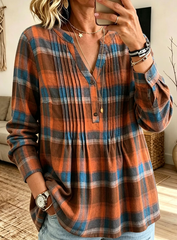 Women's Henley V Neck Pleated Plaid Long Sleeve Blouse