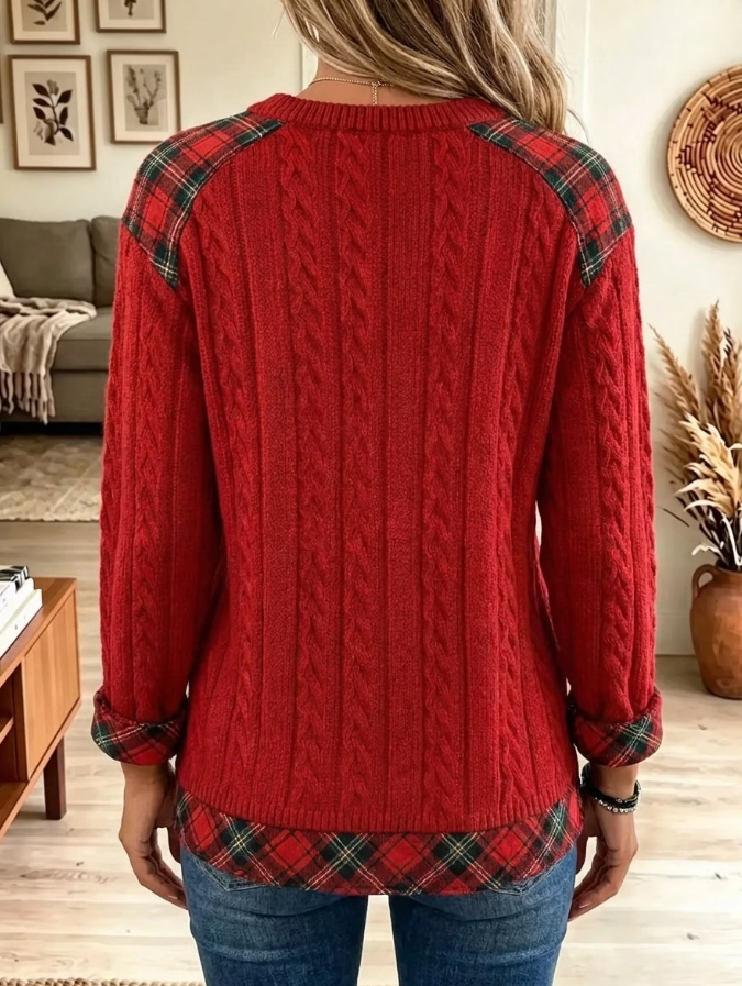 Women Plaid Trim Cable Knit Christmas Tree Sweater