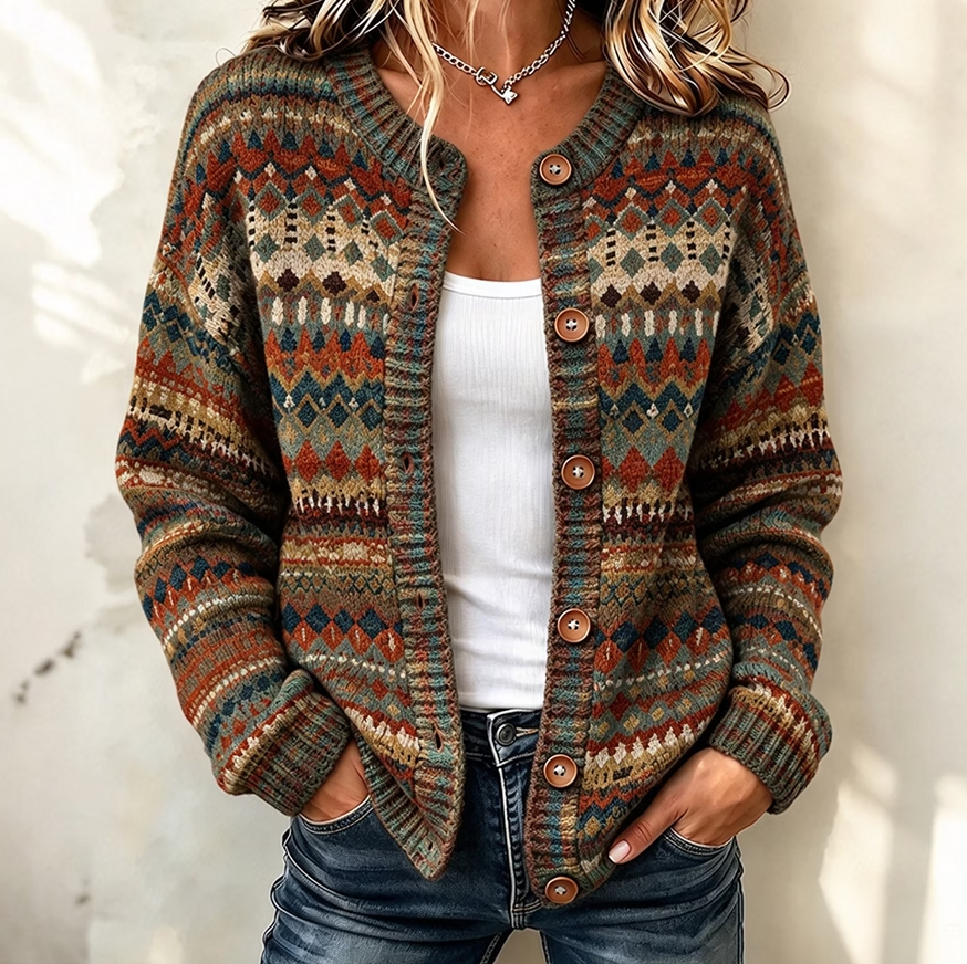 Women Bohemian Retro Gradient Art Print Knit Button Cardigan
