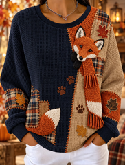 Women Casual Autumn Fox Plaid Patchwork Print Waffle Knit Sweatshirt