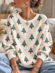 Women Casual Christmas Tree Crew Neck Long Sleeve Sweater