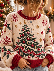 Women Christmas Tree Graphic Ribbed Crew Neck Casual Knit Sweater