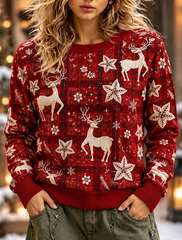 Women Reindeer Poinsettia Snowflake Plaid Christmas Sweater