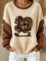Women Casual Fun Thanksgiving Turkey Print Waffle Sweatshirt