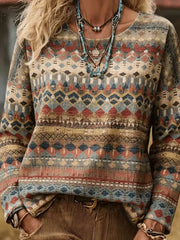 Casual Abstract Bohemian Crew Neck Long Sleeve T-shirt