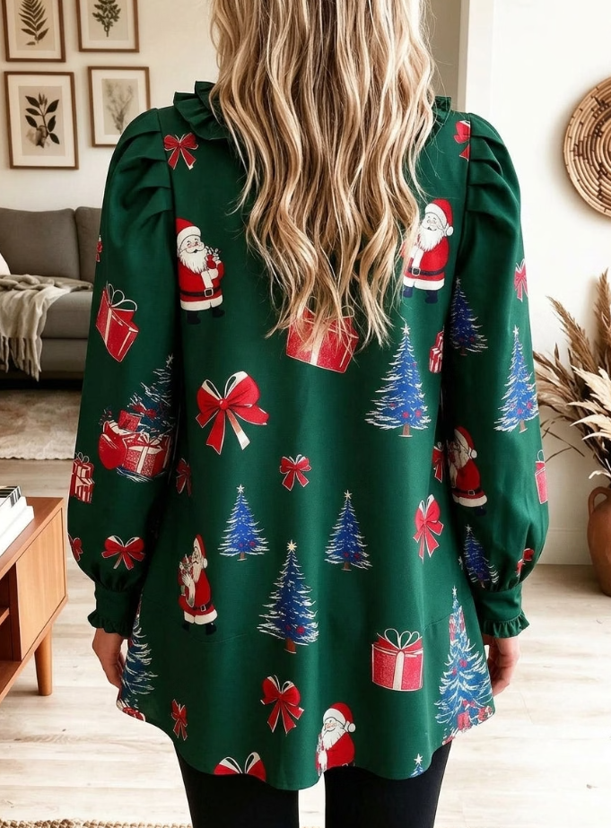 Women Christmas Print Ruffled V Neck Long Sleeve Holiday Elegant Blouse