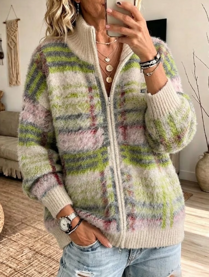 Women Casual Gradient Line Plaid Zip Up Cardigan