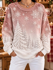 Women Casual Snowflakes And Pine Trees Ombre  Waffle Sweatshirt