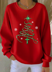 Women Casual Art Christmas Tree And Snowflake Embroidery Sweatshirt