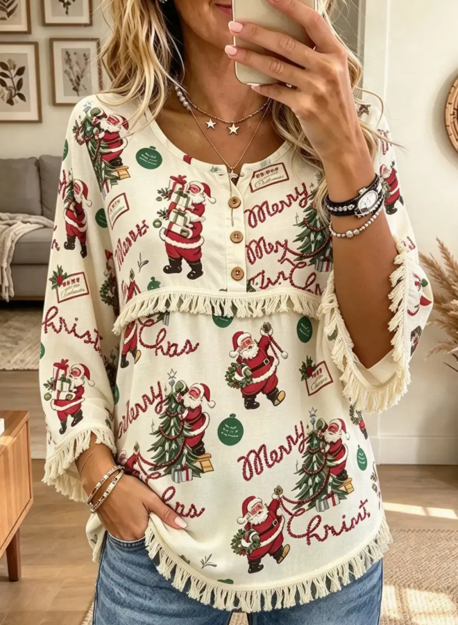 Women Vintage Santa Print Tassel Long Sleeve Blouse