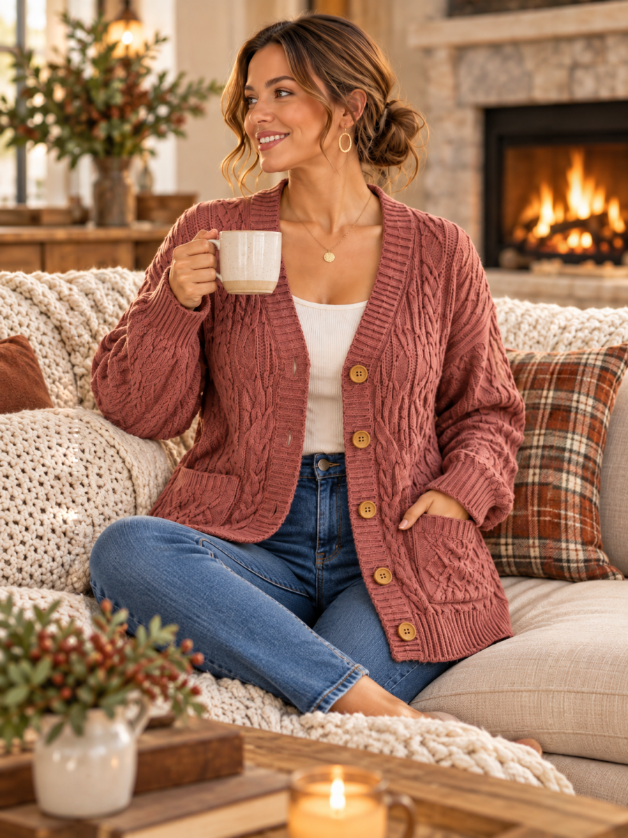 Cable Knit Button Front Pocket Cardigan