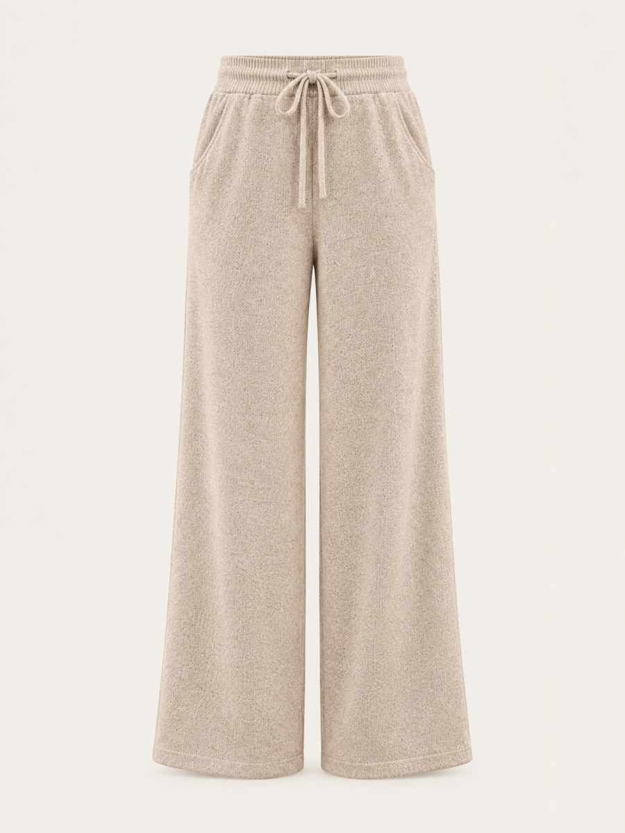 Oatmeal Ribbed Elastic Waist Drawstring Wide Leg Pants