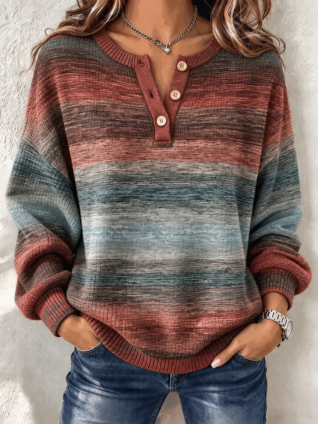 Casual Abstract Henley Collar Long Sleeve Sweatshirt