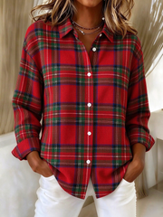 Women Plaid Casual Shirt Shirt Collar Long Sleeve Buckle Top