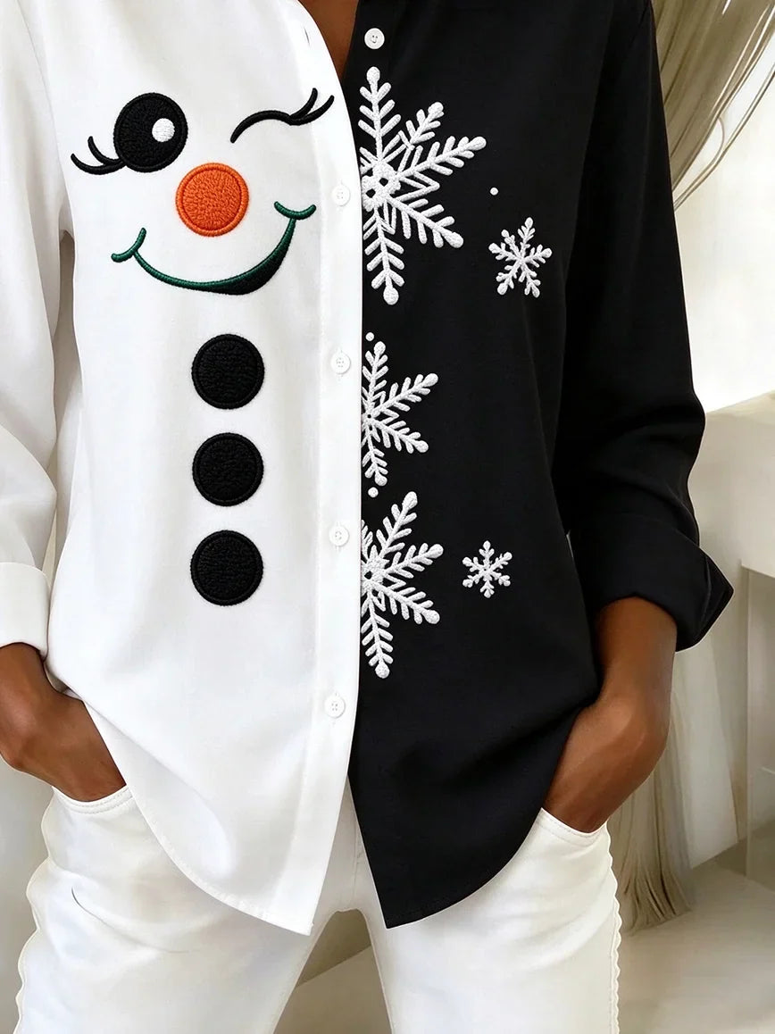 Women Christmas Snowman Casual Shirt Shirt Collar Long Sleeve Buckle Top