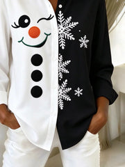 Women Christmas Snowman Casual Shirt Shirt Collar Long Sleeve Buckle Top