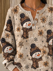 Vintage Christmas Snowman Festive Henley Collar Long Sleeve Sweatshirt