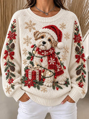 Women Christmas Dog Long Sleeve Comfy Festive Casual Sweater