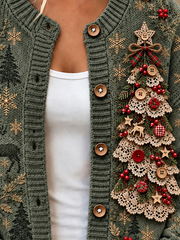Women Christmas Elk Snowflake Long Sleeve Comfy Vintage Cardigan