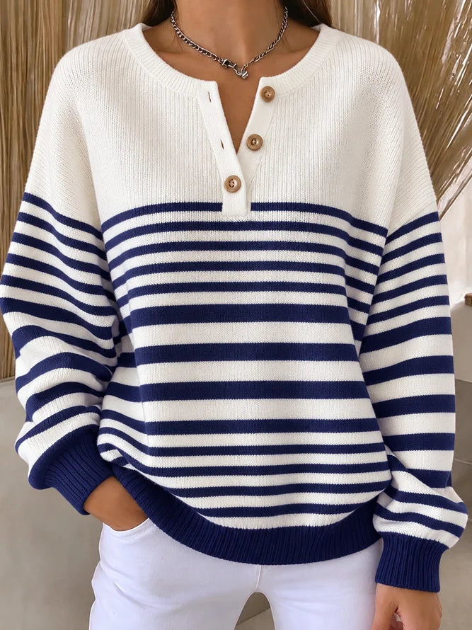 Casual Striped Henley Collar Relaxed Long Sleeve Sweatshirt