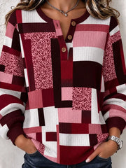 Casual Geometric Leopard Henley Collar Long Sleeve Sweatshirt