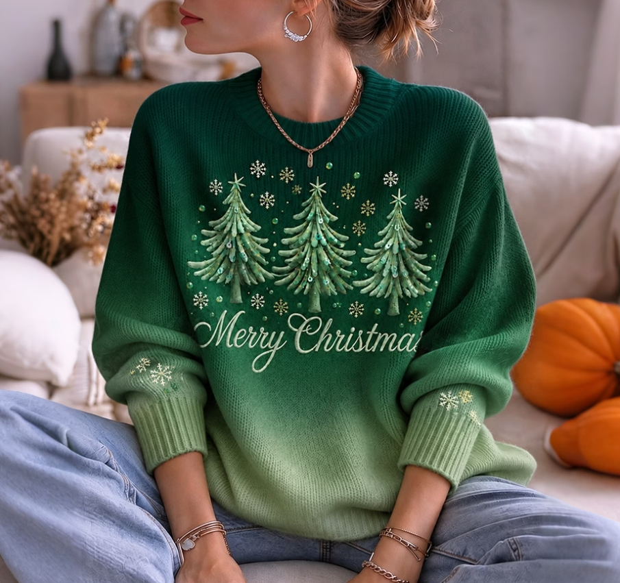 Women Christmas Tree Graphic Ombre Crew Neck Sweater