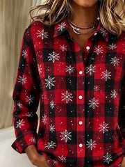 Women's Long Sleeve Shirt Spring/Fall Red Christmas Printing Shawl Collar Holiday Going Out Vintage Top