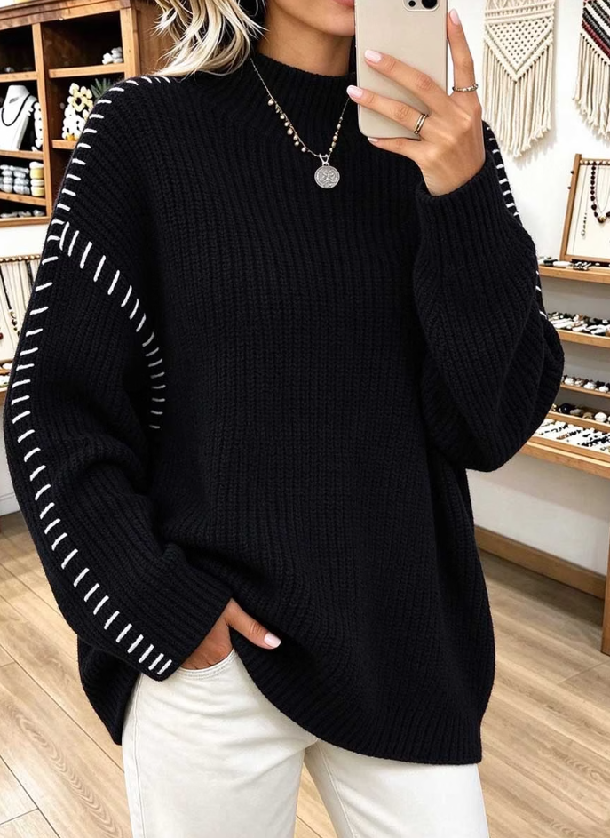 Casual Oversized Black Chunky Knit Sweater with Contrast Stitching