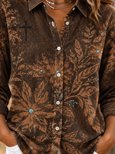 Women Floral Vintage Shirt Shirt Collar Long Sleeve Top