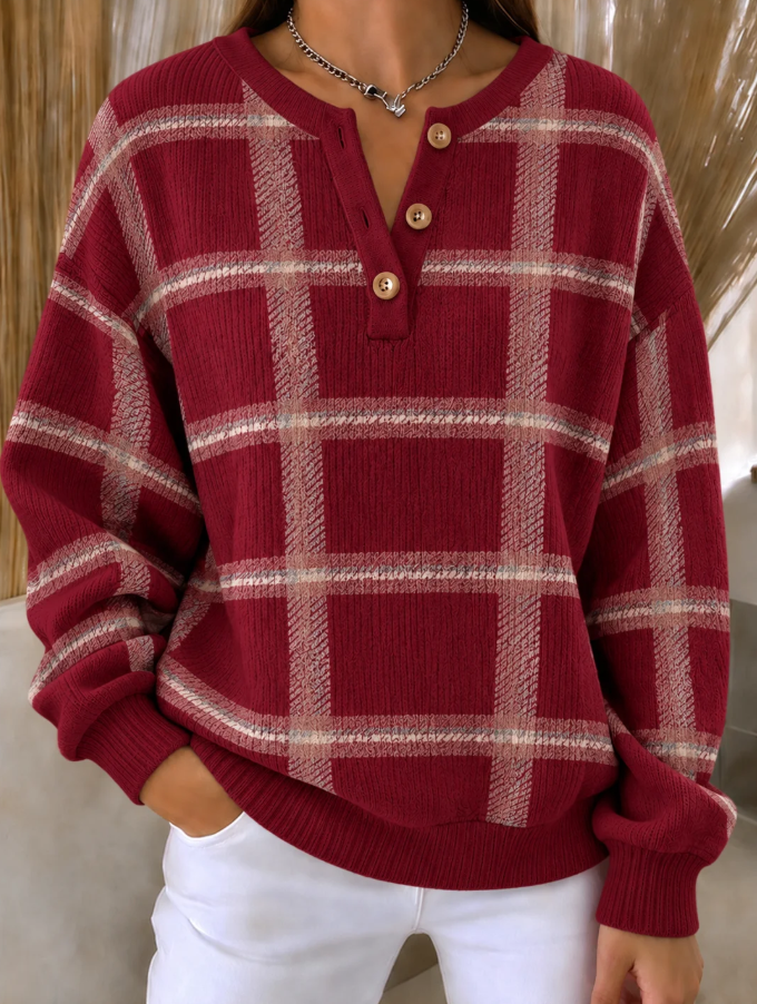 Women Regular Fit Line Plaid Henley Collar Casual Sweatshirt