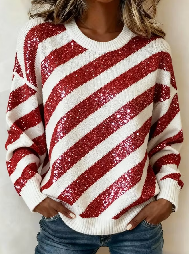 Women Crew Neck Christmas Shimmering Casual Sweatshirt