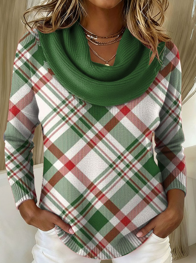 Vintage Women's Christmas Plaid Art Print Cowl Neck Sweater