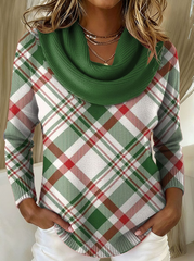 Vintage Women's Christmas Plaid Art Print Cowl Neck Sweater