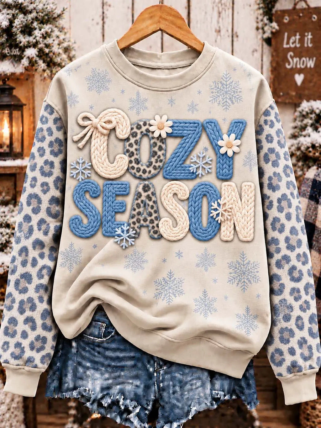 Playful Cozy Season Blue Knit Chenille Lettering Beige Sweatshirt