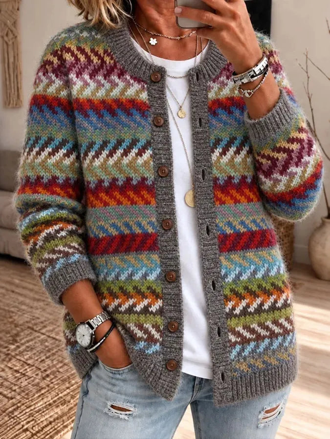Artistic Women's Retro Colorful Striped Art Print Knit Button Cardigan