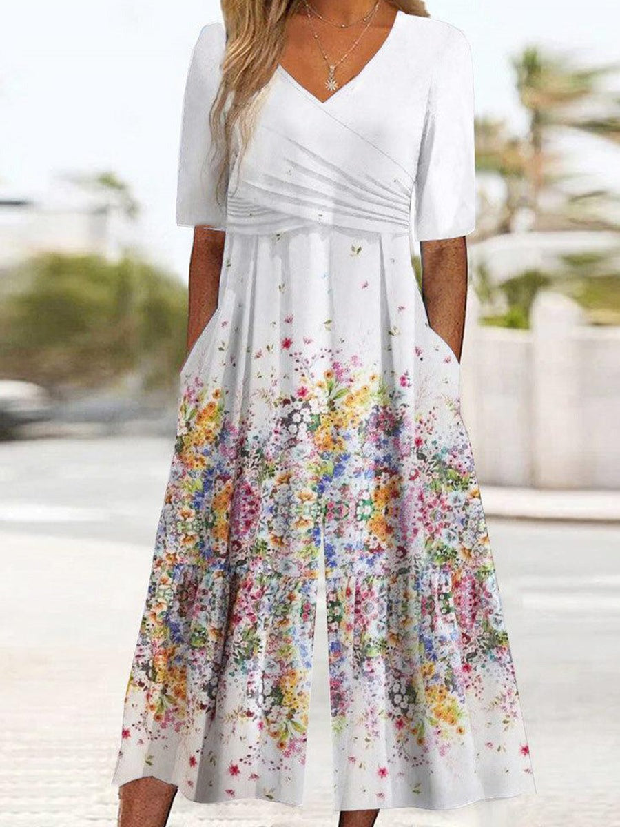 Elegant Flower V-neck Loose Jumpsuit