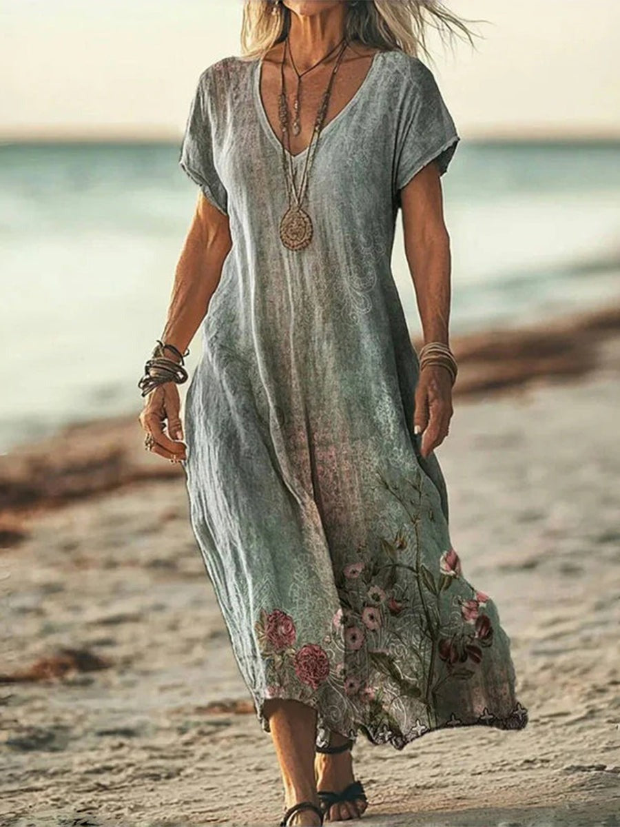 Vintage Floral Print V-neck Short Sleeve Dress