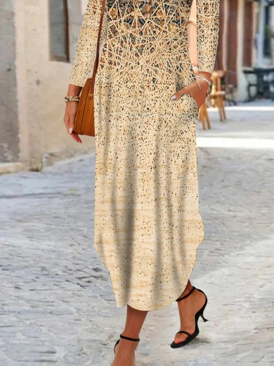 Ethnic Crew Neck Long Sleeve H-line Micro-elasticity Loose Daily Maxi Dress